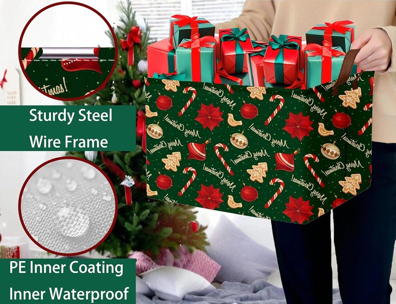 BOOHIT Large Christmas Gifts Empty Baskets Kids Collapsible Holiday Storage Bin with Handle (Golden Tree Red Flower) - Image 3